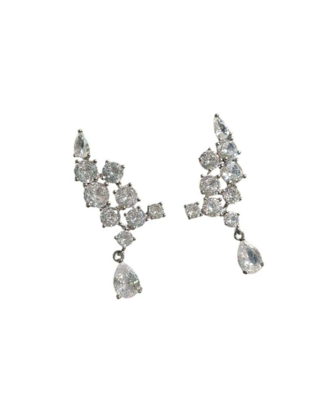 CZ Teardrop Dangle Stud Earrings Cluster Silver Tone Bling Formal Jewelry